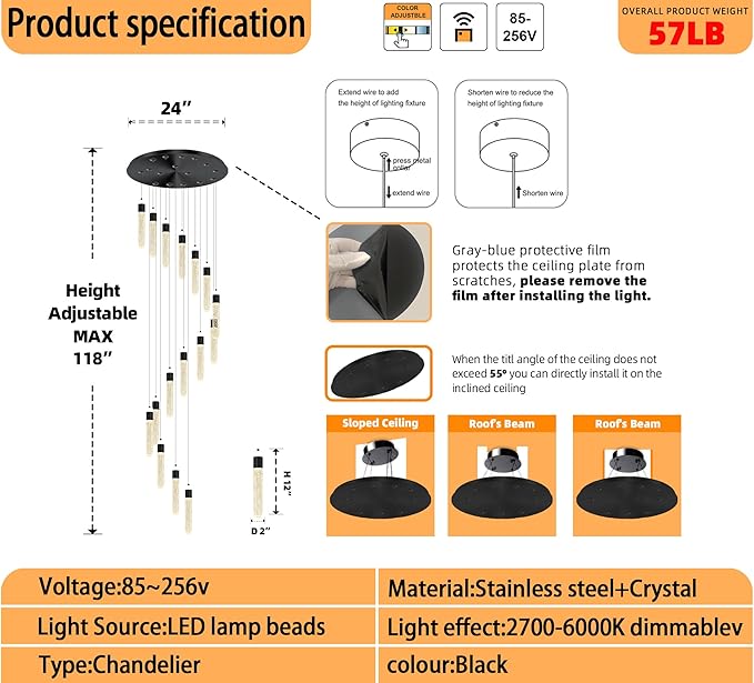 16-Light Black Crystal Chandelier for Foyer Entrance Loft 118" Long Spiral Stair Bubble Crystal Chandelier for High Ceiling Lighting Fixtures LED Lampara, Dimmable 3000K-6000K