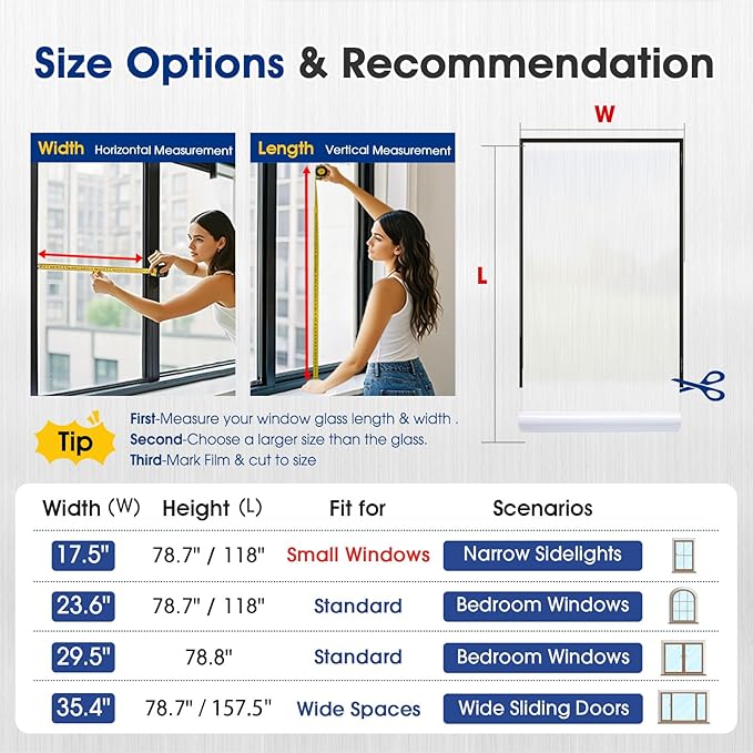 Privacy Window Film Static Cling, Frosted Glass Decorative Window Film with 96% UV Blocking, Non-Adhesive Removable Window Cling for Home Office Bathroom, 35.4 x 157.4 Inches, White