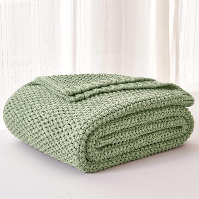 Chunky Cable Knit Throw Blanket Lightweight Light Green 100% Organic Cotton Blanket for Sofa Couch Bed Baby Nursery, Rustic Shabby Chic Modern Farmhouse, 60” x 80” Bonus Laundering Bag