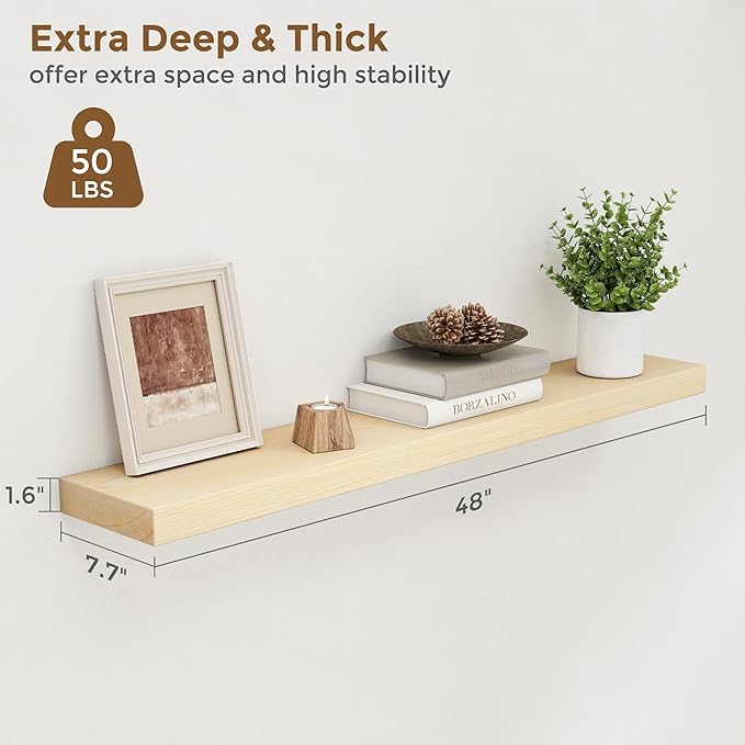 Marsmiles Floating Shelves for Wall - 48 Inch Natural Wood Floating Shelves Set of 1-48 Inch Wide x 7.7 Inch Deep x 1.6 Inch Thick Natural Wooden Shelves for Room Wall