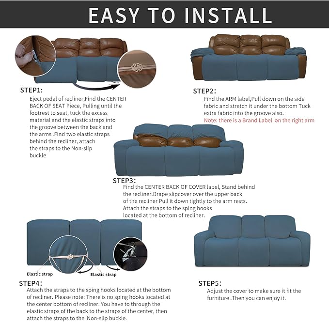 Easy-Going 8 Pieces Recliner Sofa Stretch Sofa Slipcover Sofa Cover Furniture Protector Couch Soft with Elastic Bottom Kids, Spandex Jacquard Fabric Small Checks Bluestone