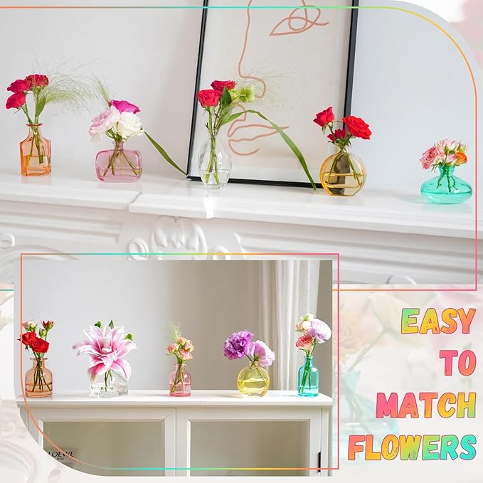 Color Bud Vases in Bulk - Set of 24 Mini Glass Bud Vases for Centerpieces, Colored Glass Vases, Colorful Bud Vase Set, Small Vases for Flowers, Modern Vase for Home, Wedding, Party Table Decor