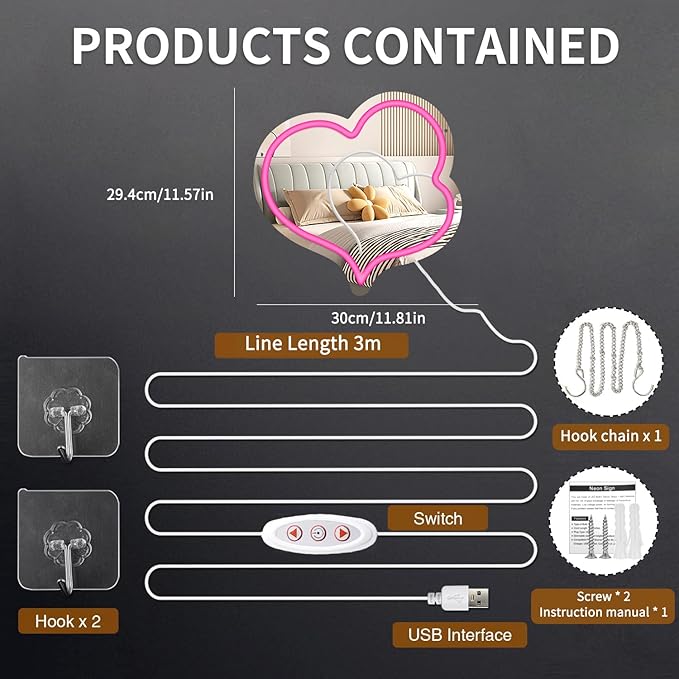 Pink Heart Acrylic Mirror Neon Signs,Dimmable Heart Shaped Mirror with Neon LED Lights,USB Powered Neon Sign Wall Decor Art Neon Light For bedroom,Family,Wedding,Bar,Party Decor