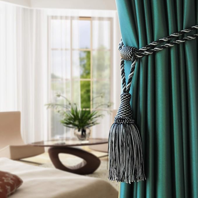 Fenghuangwu Curtain Tiebacks Handmade Elegant Curtain Tie Backs Holdbacks with Tassel for Home Office Decor 2 Pack - Black