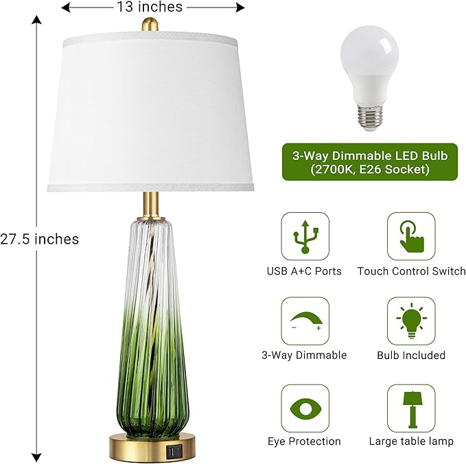 Glass Table Lamps for Living Room, Modern Bedside Lamps with USB A+C Ports, 3-Way Dimmable Touch Control Nightstand Lamp with White Linen Shade, 27.5" Large Lamps for Bedrooms Decor, Green, 1 Pack