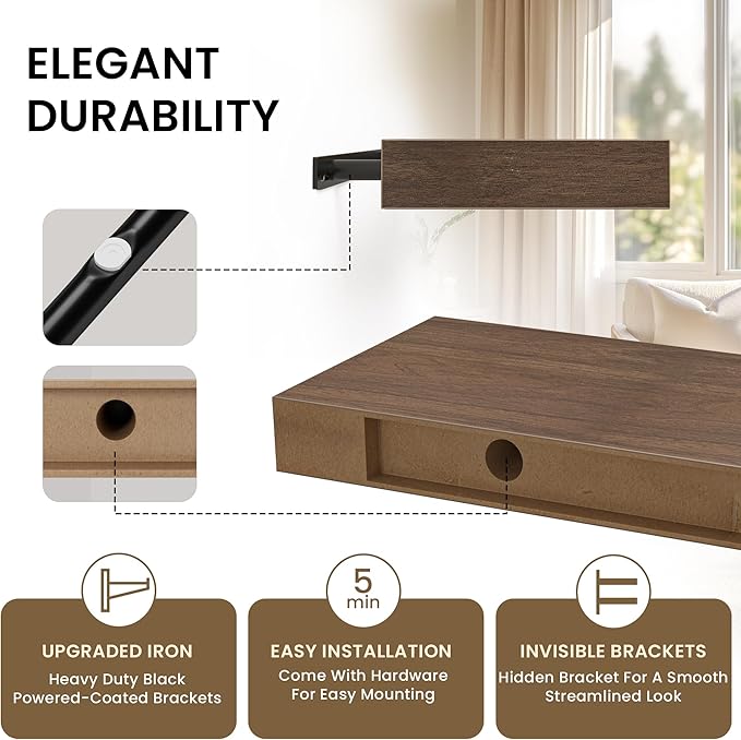 Floating Shelves for Wall, 40" W x 8" D x 1.5" H, Wooden Wall Mounted Display Shelves with Invisible Brackets for Living Room, Bedroom, Bathroom, Kitchen Decor and Storage, Set of 2, Walnut