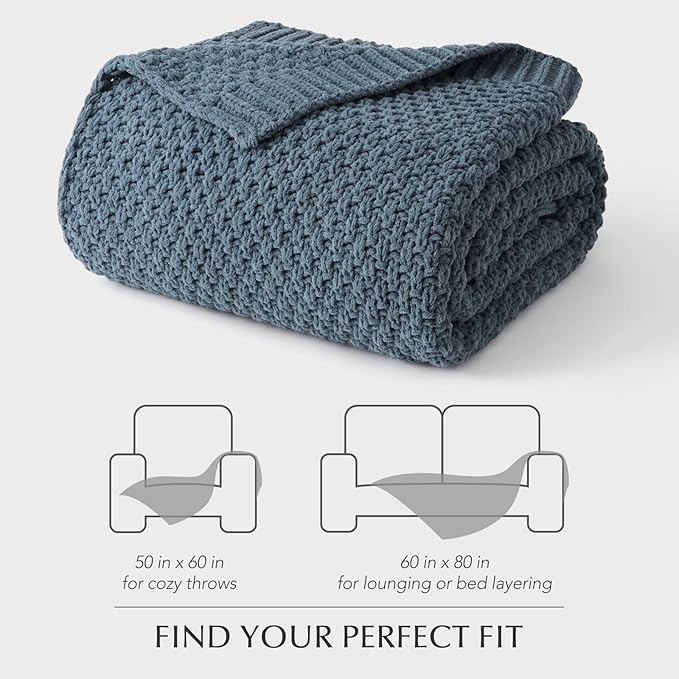 Chunky Chenille Knit Throw Blanket for Couch, Soft Luxurious Moss Stitch Blankets for Bed, Cozy Decorative Farmhouse Knitted Throws for Sofa, Stormy Blue, 60" x 80"