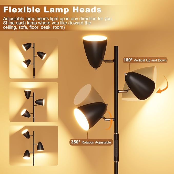 QiMH LED Floor Lamp for Living Room, Modern Dimmable Standing Lamp with 4 Color Temperature,Remote and Touch Control, Tree Floor Lamp for Bedroom with 3 Rotatable Lights Bright Stand up Lamp, Black