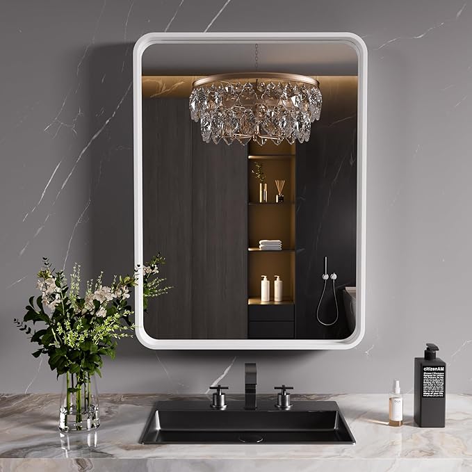 White Bathroom Mirror 24x32 Inch, White Metal Framed Bathroom Mirror for Wall, Rounded Rectangle Matte Bathroom Vanity Mirror, Tempered Glass, Anti-Rust, Horizontal/Vertical