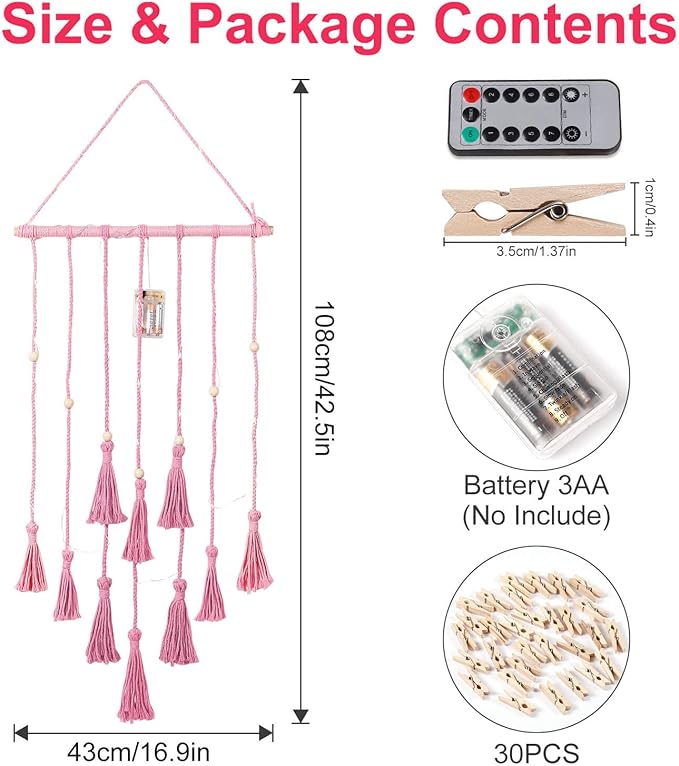 Hanging Photo Display Wall Decor, Pink Macrame Wall Hanging Boho Room Bedroom Decor, Picture Frame Collage with Remote Light & 30 Clips, Christmas Teenage Teen Girl Gifts Ages 10 11 12 13 14 Years Old