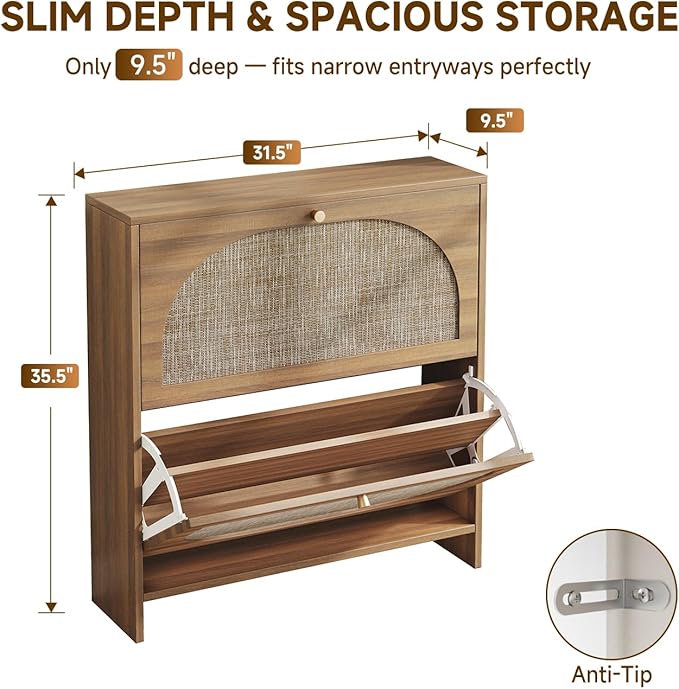 Nicetree Freestanding Ultra Slim Fluted Accent Shoe Storage Cabinet for Entryway - 2 Flip Drawers & 3-Tier Adjustable Shelves, Farmhouse Modern Rustic Shoe Rack for Hallway, Foyer