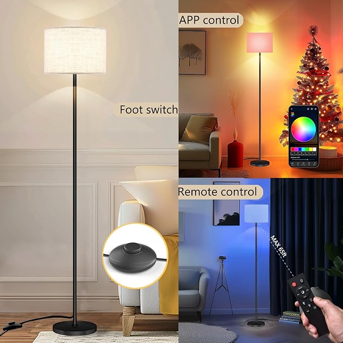 Smart LED Floor Lamp with APP Control & RGB Colors - Dimmable Standing Lamp for Living Room, Bedroom, Gaming - Remote, Timer, 9W Bulb Included, 60.6" Modern Tall Lamp (Beige)