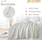 jinchan Boho 100% Cotton Blanket Muslin 50x60 Inches Lightweight 3-Layer Geometric Triangle Striped Pattern Reversible Quilt Throw Soft Breathable Comfy All Seasons for Couch Bed Decor, Light Grey