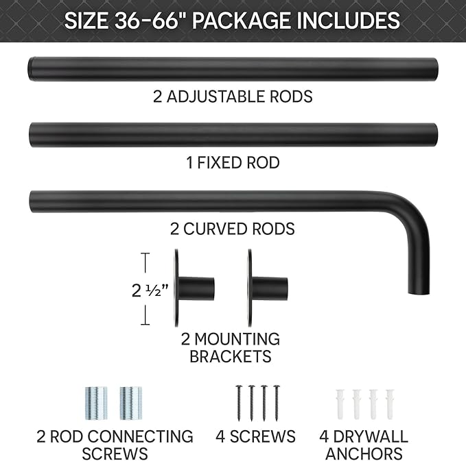 Blackout Curtain Rod Wrap Around Design - Adjustable 36-66 Inches - Wall/Ceiling Mount - Heavy Duty Metal - Room Darkening French Return Drapery Hardware - Modern Minimalist Bracket - Matte Black