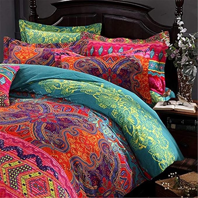 ABREEZE 3Pcs Bohemia Retro Bedding Ethnic Vintage Floral Duvet Cover Boho Bedding 100% Brushed Cotton Bedding Sets Damask Paisley Coloful Mandala Down Comforter Cover,Queen