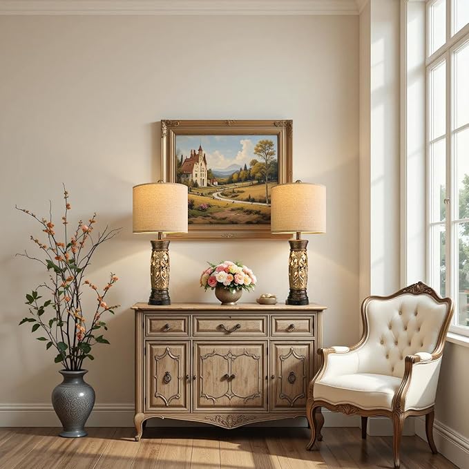 BOBOMOMO 27.25” Antique Gold Table Lamps Set of 2 – Farmhouse Bedside Lamps with Night Light & USB A+C Ports, Vintage Lamps for Bedroom, Living Room, Entryway, Nursery, Reading Nook(Bulbs Included