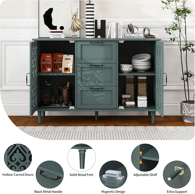 Sideboard Buffet Credenza - Modern 2 Door 3 Drawer Cabinet with Storage, Accent Cabinet with Carved Pattern, Farmhouse Wood for Living and Dining Area (Green)