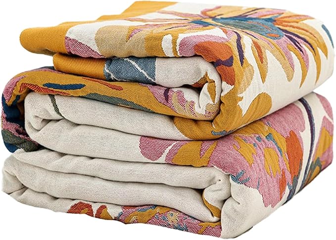 Boho Throw Blanket for Couch Sofa Bed, 100% Cotton Woven Quilt with Tassel 60”x80”, Super Soft Muslin Blanket with Floral Printed, Decorative Reversible Bed Blanket/Cover for All Seasons