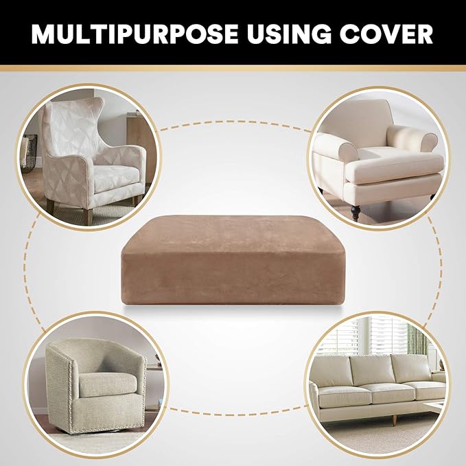 PrinceDeco Stretch Velvet Couch Cushion Cover,Soft Cushion Slipcover for Chair Cushion Furniture Protector Seat Cushion Sofa Cover Width Up to 29.5", Camel