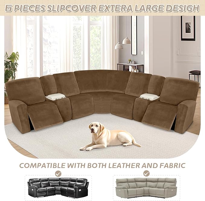 Arfntevss Sectional Recliner Couch Covers Velvet Washable Corner Sectional Sofa Cover for Reclining Couch Stretch Soft Thick L Shape Recliner Slipcover Set (5 Seat with 2 Console Cover, Light Brown)