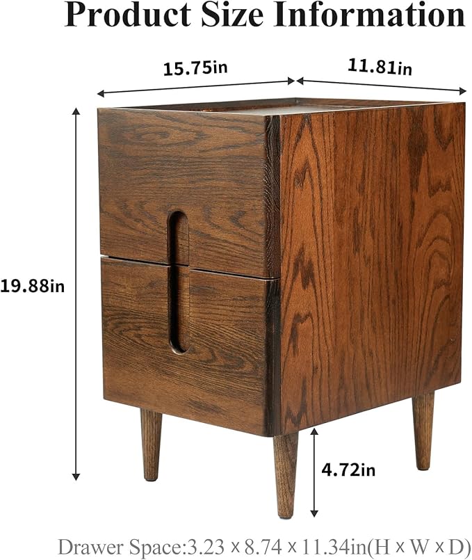 Narrow Nightstand, Mid Century Modern Nightstand, Solid Wood Bedside Table, Side Table witn Drawers (Walnut, 11.81inches)