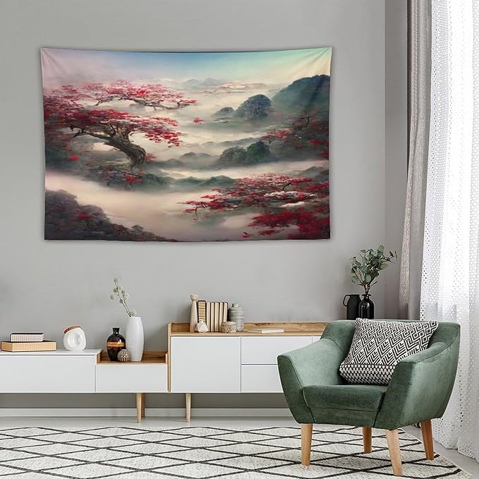 Japanese Tapestry, Red Plum Cherry Blossom Mountain, Asian Wall Art, Nature Landscape for Bedroom & Living Room Decor, 60"x40"