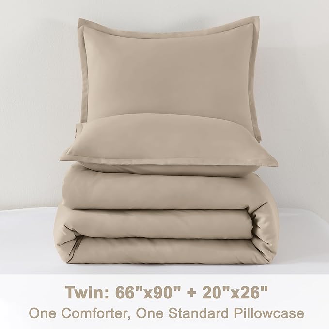 Litanika Khaki Comforter Set Twin/Twin XL Size, 2 Pieces Solid Bedding Comforter Set, All Season Down Alternative Bed Set (66x90In Comforter & 1 Pillowcase)