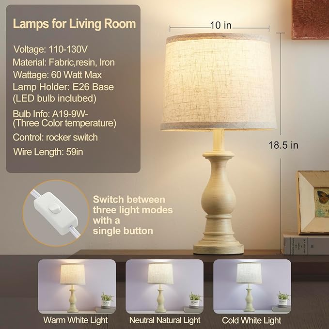 Vintage Table Lamp for Living Room Bedroom, 18.5" Farmhouse Bedside Lamps Nightstand Lamp Set of 2, Table Lamps with Oatmeal Linen Lamp Shades, 2 LED Bulbs Included, Beige