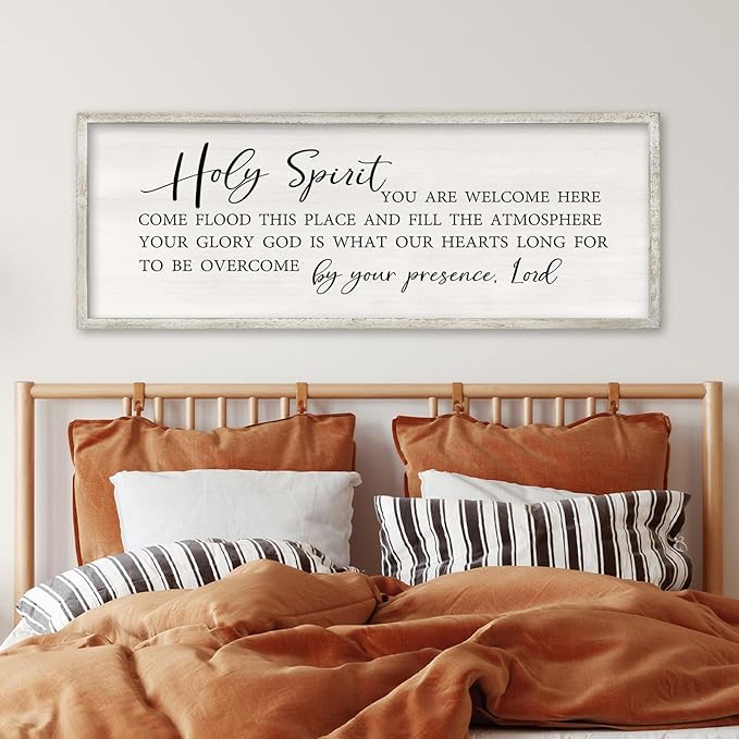 Holy Spirit You are Welcome Here Wall Decor Art 40x15 Inch Large Christian Song Bible Verse Plaque Wood Framed Sign Living Room Scripture Quote Religious For Office Wall Hanging (White)