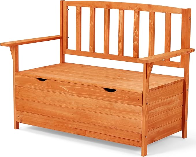 AVAWING Outdoor Storage Bench, Wooden Garden Bench Weatherproof, Patio Benches for Outside, 2-Seat Front Porch Bench, Park Bench for Deck, Lawn, Backyard(Natural)