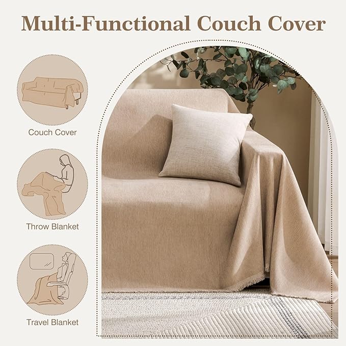 Couch Cover for Dogs Sectional Sofa Covers Washable for 3 Cushion Couch, Chenille Couch Cover Blanket, Sectional Sofa Slipcovers, Multi-Use Furniture Protector for Kids, Pets, 91" X150", Sand