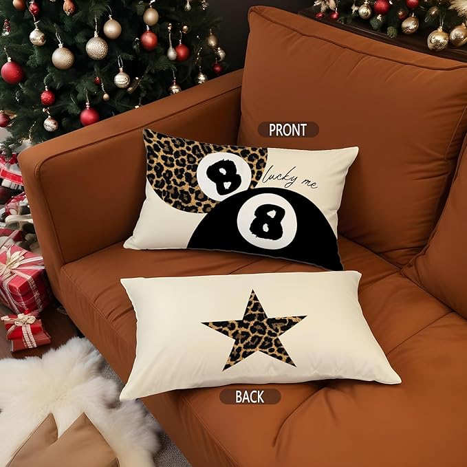 Leopard Star Lucky 8 Ball Throw Pillow Covers 20x12, Cheetah Print Room Decor, Trendy Funky Y2K Leopard Print Decorative Pillow Covers for Girls Room Dorm Apartment Home