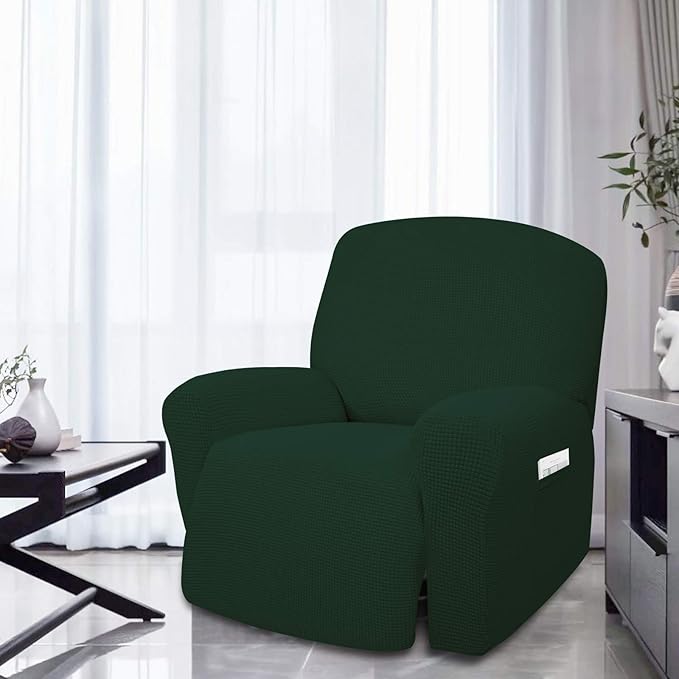 Easy-Going 4 Pieces Oversized Recliner Stretch Sofa Slipcover Sofa Cover Furniture Protector Couch Soft with Elastic Bottom,Polyester Spandex Jacquard Fabric Small Checks Dark Green