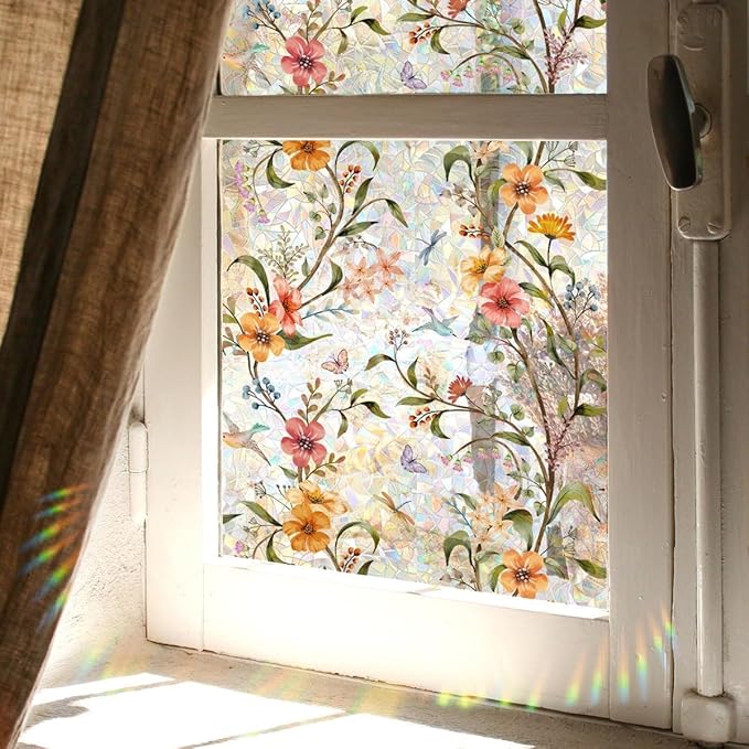 Stained Wildflower Window Film Decorative Flowers Static Glass Window Clings Stickers for Home Office Living Room Bedroom Glass Windows Door Decor 15.74 x 39.37 Inches