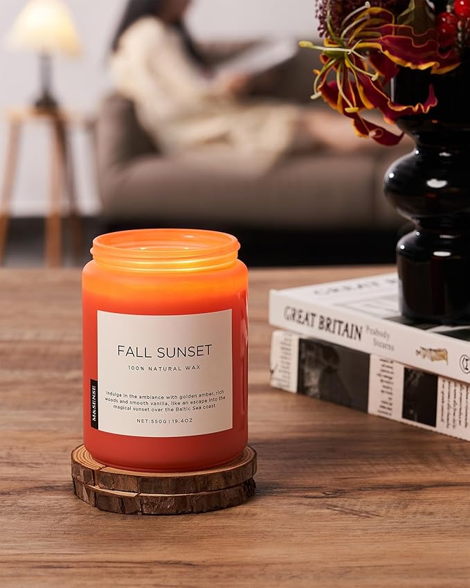 M&SENSE Fall Sunset Amber Scented 19.4oz 110 Hours Long Lasting Slow Burning Candle for Housewarming, Large Natural Soy Organic Relaxing Aromatherapy Candle Gifts for Women Men