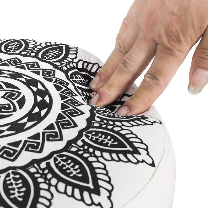 Asense Small Round Ottoman Foot Rest Stool Linen Padded Seat Footstool Ottoman with Anti-Slip Wooden Legs (White+Black,Linen)