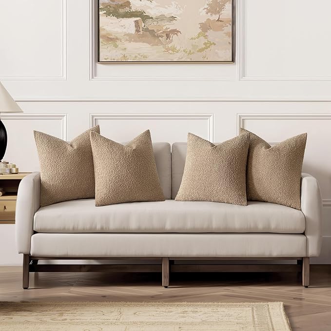 MIULEE Pack of 4 Decorative Textured Boucle Throw Pillow Covers 18x18 Inch Camel Accent Solid Pillow Cases Soft Couch Cushion Covers for Modern Farmhouse Boho Chair Sofa Bed Livingroom Home Decor