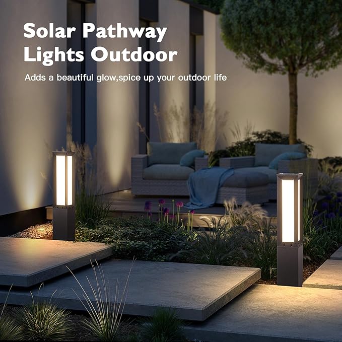 Solar Pathway Lights Outdoor, 32 Inch Modern Landscape Bollard Lighting Solar Powered Path Light, IP65 Waterproof 3000K LED Garden Luxury Lights for Driveway, Lawn, Patio, Yard, Walkway