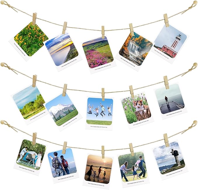 Photo Hanging Display with 50 Photo Clips, String Hanging Pictures Decor Wall Display, Clip Photo Holders for Hanging Kids Artwork On Wall Decor Home