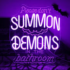 Please Don't Summon Demons in the Bathroom Neon Sign Gothic Wall Art Dimmable Purple Letter LED Neon Light Spooky Bat Neon Wall Sign for Bedroom Bathroom Man Cave Bar Halloween Party Decor