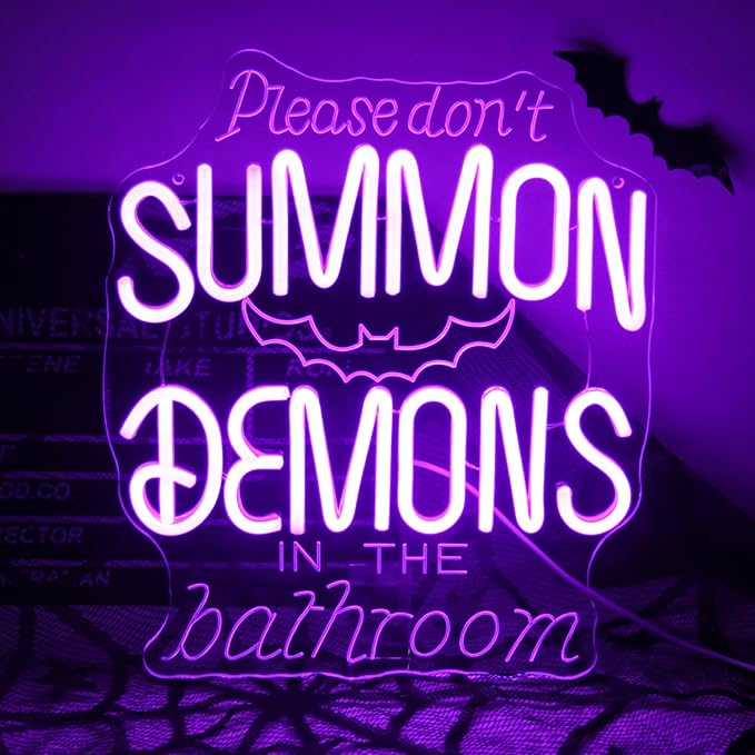 Please Don't Summon Demons in the Bathroom Neon Sign Gothic Wall Art Dimmable Purple Letter LED Neon Light Spooky Bat Neon Wall Sign for Bedroom Bathroom Man Cave Bar Halloween Party Decor