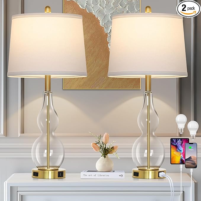 27.5" Clear Glass Table Lamp Set of 2,3-Way Dimmable Touch Control Bedside Lamps with USB Ports and AC Outlet, Modern Nightstand Lamps Gold lamp for Bedroom Living Room