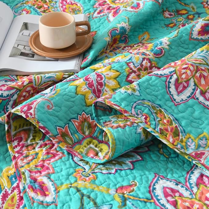 Cotton Bedspread Bedding Coverlet Quilt Sets, Reversible Vintage Branch Floral Bedspread comforters, (Vintage Turquoise Paisley Floral Pattern, King Size)
