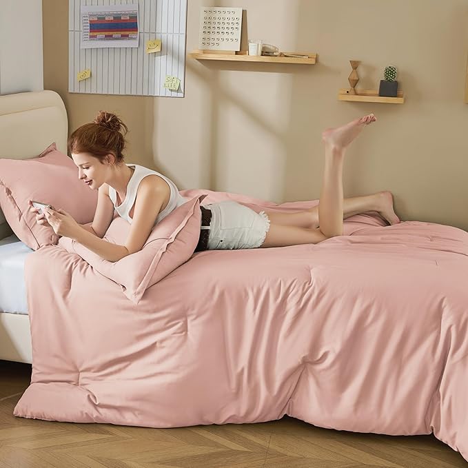 Litanika Pink Twin Comforter Set for Girls, 2 Pieces Kids Blush Plain Bedding Comforter Set, All Season Bed Set (66x90In Comforter & 1 Pillowcase)