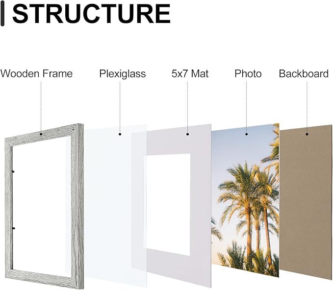 Vittanly 8x10 Picture Frames Set of 9, Shatter Resistant Plexiglass, Display 5x7 Pictures with Mat or 8x10 without Mat, Photo Frames for Wall or Tabletop, Engineered Wood, Grey