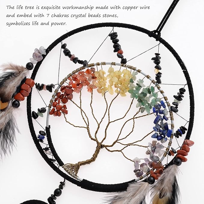 7 Chakras Black Tree of Life Dream Catchers Wall Decor with Rainbow Healing Crystal Stone Handmade Art Feather Dreamcatcher Wall Hanging Ornament for Bedroom Decor Blessing Gift Wedding Party-23.6"