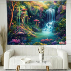 keowhsf Forest Waterfall Tapestry with Mushrooms and Flowers – Colorful Floral Plants Natural Landscape Wall Art, Fantasy Aesthetic Wall Hanging for Bedroom Decor