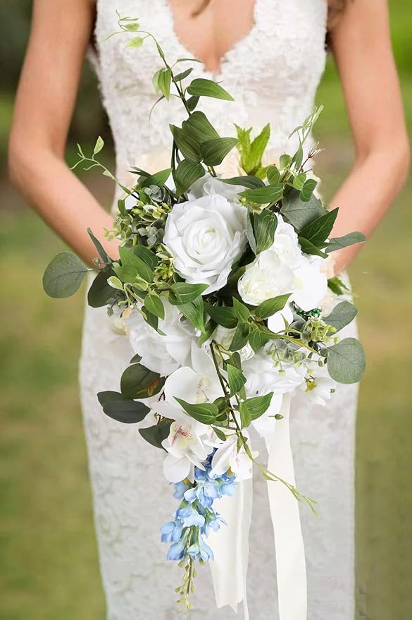 8PCS Blue Delphinium Artificial Flowers 29.5" Combo Clematis Greenery 23.6" Long Stem Flowers for Tall Vase Larkspur Silk Flowers Floral Arrangements Table Party Home Decor (Ice Blue)