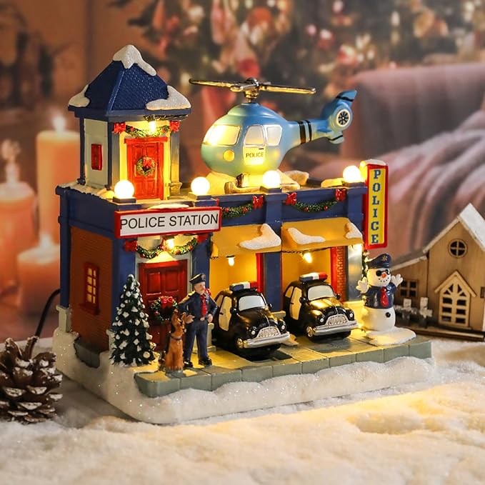 Bdor Christmas Police Station Decoration – Lighted Animated Holiday Village Scene with Helicopter and Police Cars – Plug-in Resin Christmas Tabletop Ornament – 9"x6.3"x9"
