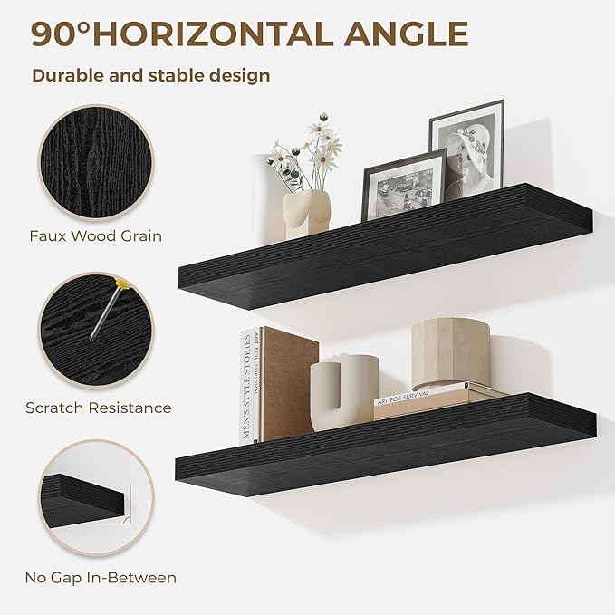 36 Inches Floating Shelves for Wall, 9.3" Deep Long Floating Shelves Set of 2, Large Display & Storage Shelf, Wall Shelf for Bathroom Bedroom Living Room Kitchen Office, Black
